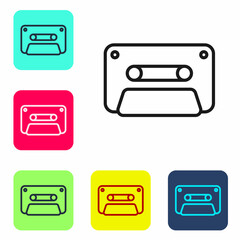 Obraz premium Black line Retro audio cassette tape icon isolated on white background. Set icons in color square buttons. Vector