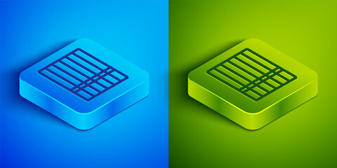 Isometric line Cigarette icon isolated on blue and green background. Tobacco sign. Smoking symbol. Square button. Vector