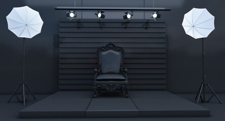 black Photo studio concept with soft box light, and black armchair, Photo studio with modern black interior and lighting equipment, 3D render