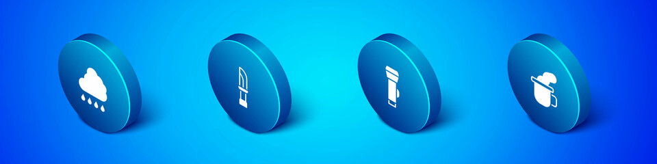 Set Isometric Cloud with rain, Flashlight, Cup of tea and Knife icon. Vector