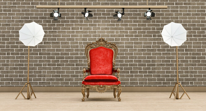 Photo studio bricks wall background with soft box light, and armchair, Photo studio with modern interior and lighting equipment, 3D render