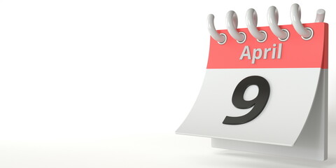 April 9 date on a tear-off calendar, 3d rendering