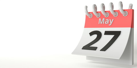May 27 date on a tear-off calendar, 3d rendering