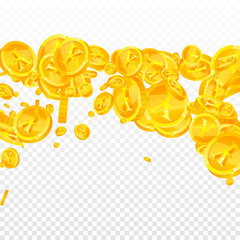 Chinese yuan coins falling. Eminent scattered CNY coins. China money. Amazing jackpot, wealth or success concept. Vector illustration.
