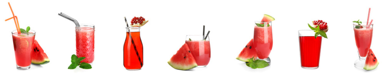Set of tasty pomegranate and watermelon juices on white background