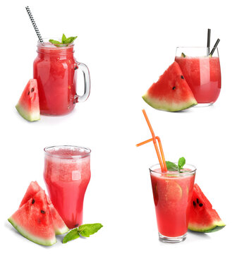 Set of tasty watermelon juice on white background