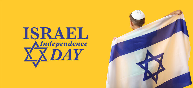 Little boy with flag and text ISRAEL INDEPENDENCE DAY on yellow background
