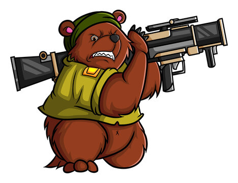 The angry soldier bear is shooting with the bazooka
