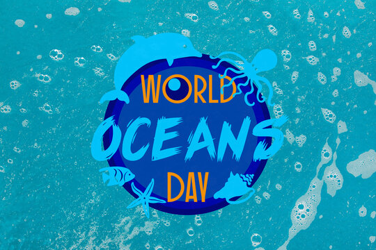 Card for World Ocean Day with drawn dolphin, octopus and shells