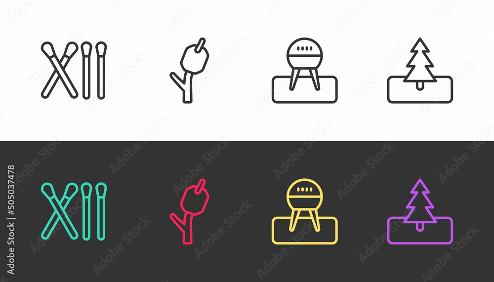 Sticker Set line Match stick, Marshmallow on, Barbecue grill and Tree on black and white. Vector