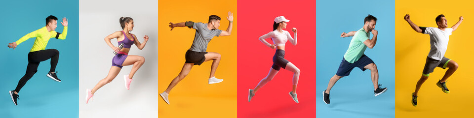 Set of running people on colorful background