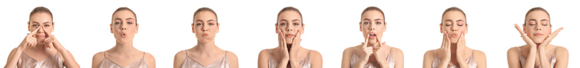 Set of young woman doing face building exercises on white background