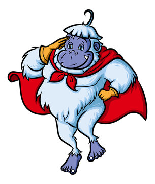 The superhero yeti is flying with a robe