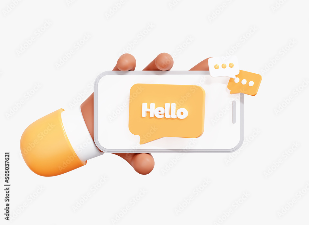 Aufkleber 3d hand holding phone with message hello. speech bubble with text hi. online correspondence on smart