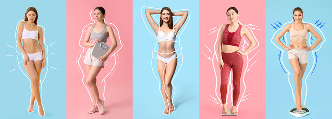 Set of beautiful young women after weight loss on colorful background - obrazy, fototapety, plakaty