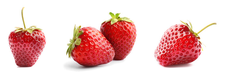 Set of fresh cut ripe strawberry on white background