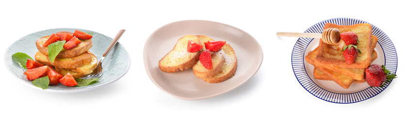 Plate with tasty French toasts and strawberry on white background