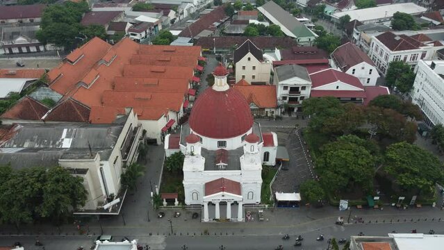 Semarang, Indonesia, April 29th, 2022 : Aerial View Gereja Blenduk (Blenduk Church) in Kota Lama Semarang, is oldest christian church in central java, Indonesia.
