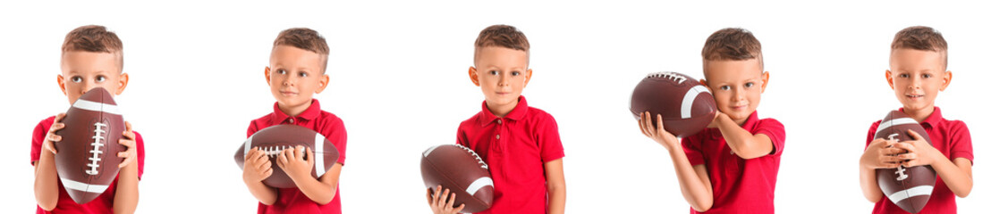 Set of little American football player isolated on white