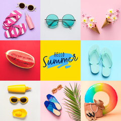 Collage of beach accessories with watermelon and flowers. Hello summer
