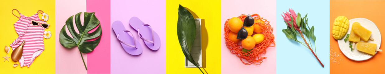 Collage of beach accessories with tropical plants, tasty ice cream and orange fruit on color background. Hello summer