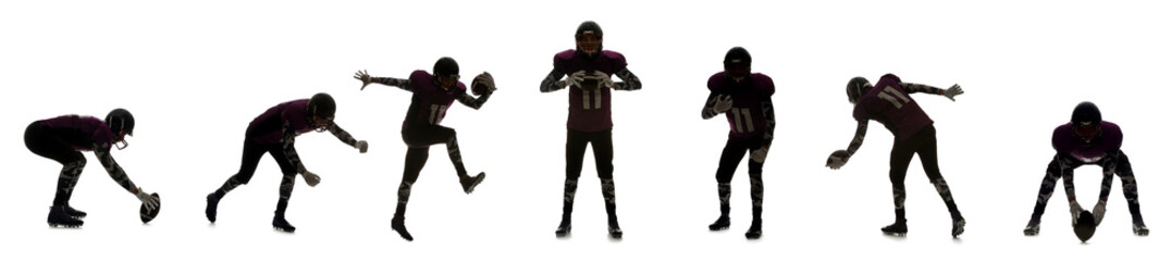 Obraz premium Many silhouettes of American football player isolated on white