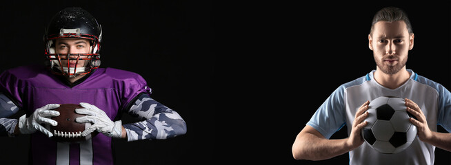 American football and soccer players on black background with space for text