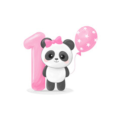 Cute little panda girl with figure one, pink balloon and bow. Happy birthday greeting card. Vector illustration