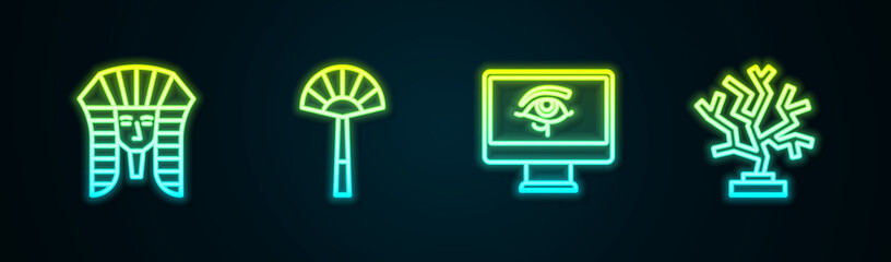 Set line Egyptian pharaoh, fan, Eye of Horus on monitor and Coral. Glowing neon icon. Vector