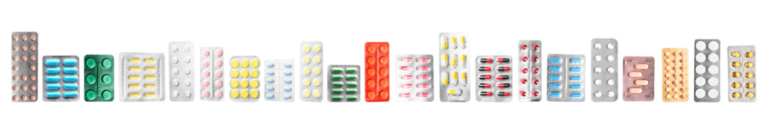 Set of blister packs with different pills on white background - obrazy, fototapety, plakaty