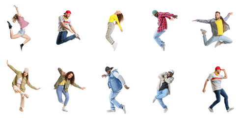 Set of hip-hop dancers on white background