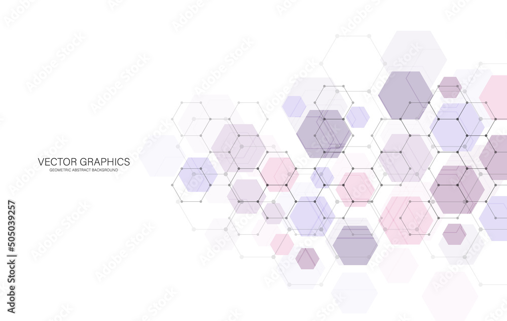 Poster geometric abstract background with hexagons. structure molecule and communication. science, technolo