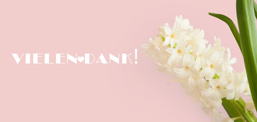 Gorgeous hyacinth flowers and text VIELEN DANK (German for Thanks a lot) on pink background, closeup