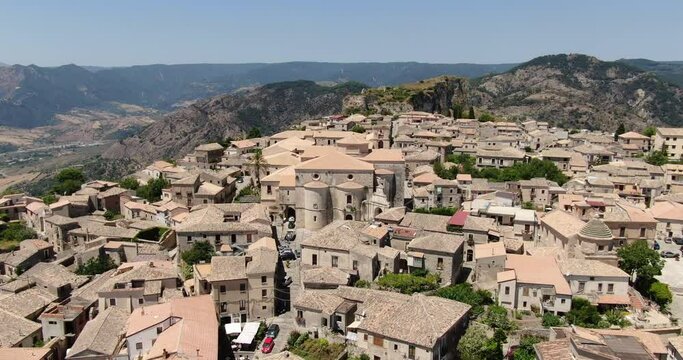 Gerace, Calabria, Italy. Aerial drone view. Slow backwards flight.