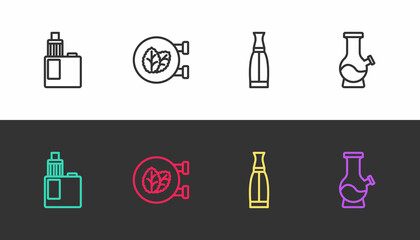 Set line Vape mod device, Tobacco leaf shop, liquid bottle and Bong on black and white. Vector