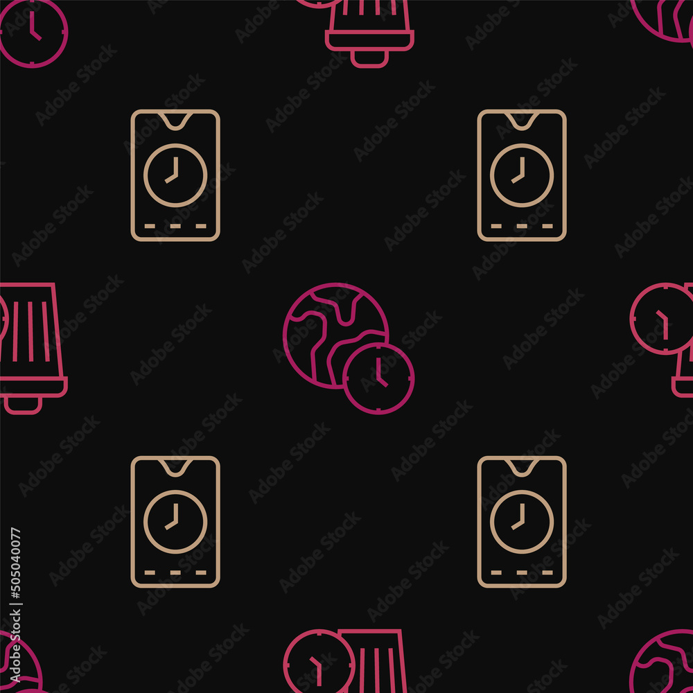 Aufkleber set line waste of time, alarm clock app mobile and world on seamless pattern. vector