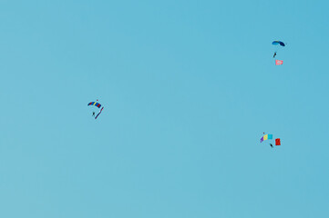 A group of parachutists in a clear sky with colored bright parachutes. Flag of Russia.