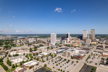 Tulsa Oklahoma Downtown Skyline Parking Lot Scattered Clouds Blue Sky Aerial View