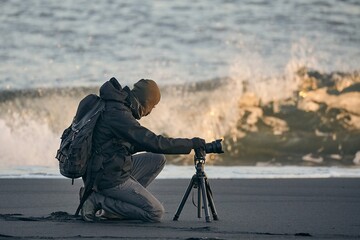 Photographer with tripod on an Icelandic beach