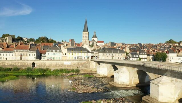 The Loire in front of Charite sur Loire in Europe, France, Burgundy, Nievre, in summer, on a sunny day.