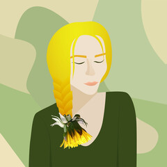 Vector simple floral woman portrait. Girl with a braid of hair and a yellow flower. Dandelion in haircut. Female face with closed eyes.