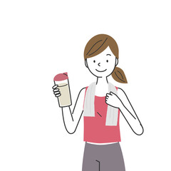 プロテインを手に持ったスポーツウェアの女性