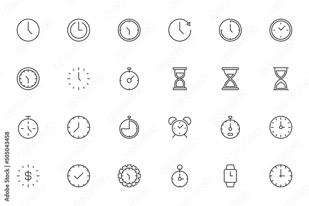 Poster time and clock. minimalistic illustrations drawn with black thin line. editable strokes. line icon s