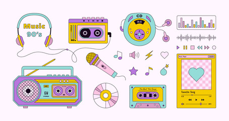 Music Set 90's in Pop Art Style. Vector Illustration Player, Headphones, Audio Cassette, CD Disk, Microphone, Boombox