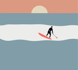 Surfer with paddle board catching the wave on sea. Stand up paddle boarding - Active recreation in nature. Flat vector illustration.