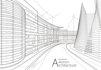 3D illustration Imagination architecture building construction perspective design,abstract modern urban building out-line black and white drawing. - 505045841