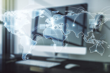 Abstract graphic digital world map with connections on modern computer background, globalization concept. Multiexposure