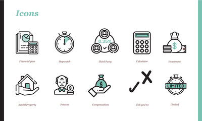 simple financial vector icons flat illustrations in balck and green