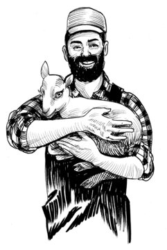 Farmer with a baby sheep in his hands. ink black and white drawing