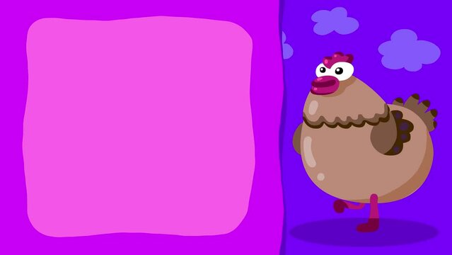 Cartoon character hen farm village bird animal walking loop animation for titles. Cute intro frame included, seamless loop. 